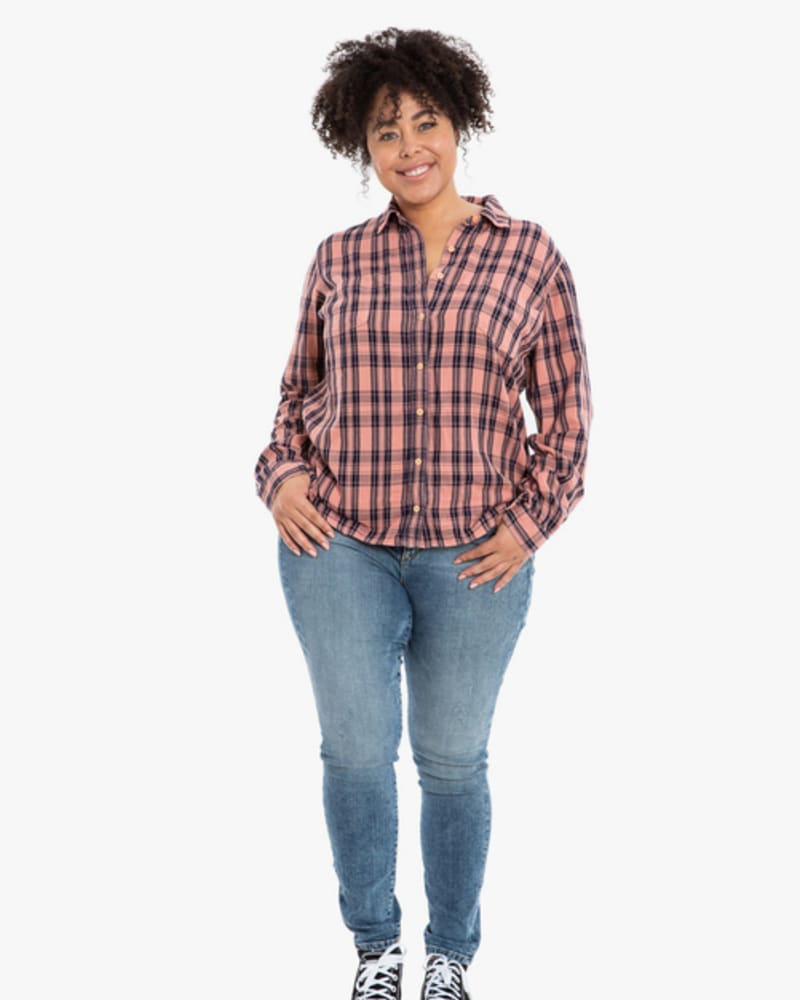 Front of a model wearing a size 0 Makena Plaid Western Shirt in ORANGE by Slink Jeans. | dia_product_style_image_id:256243